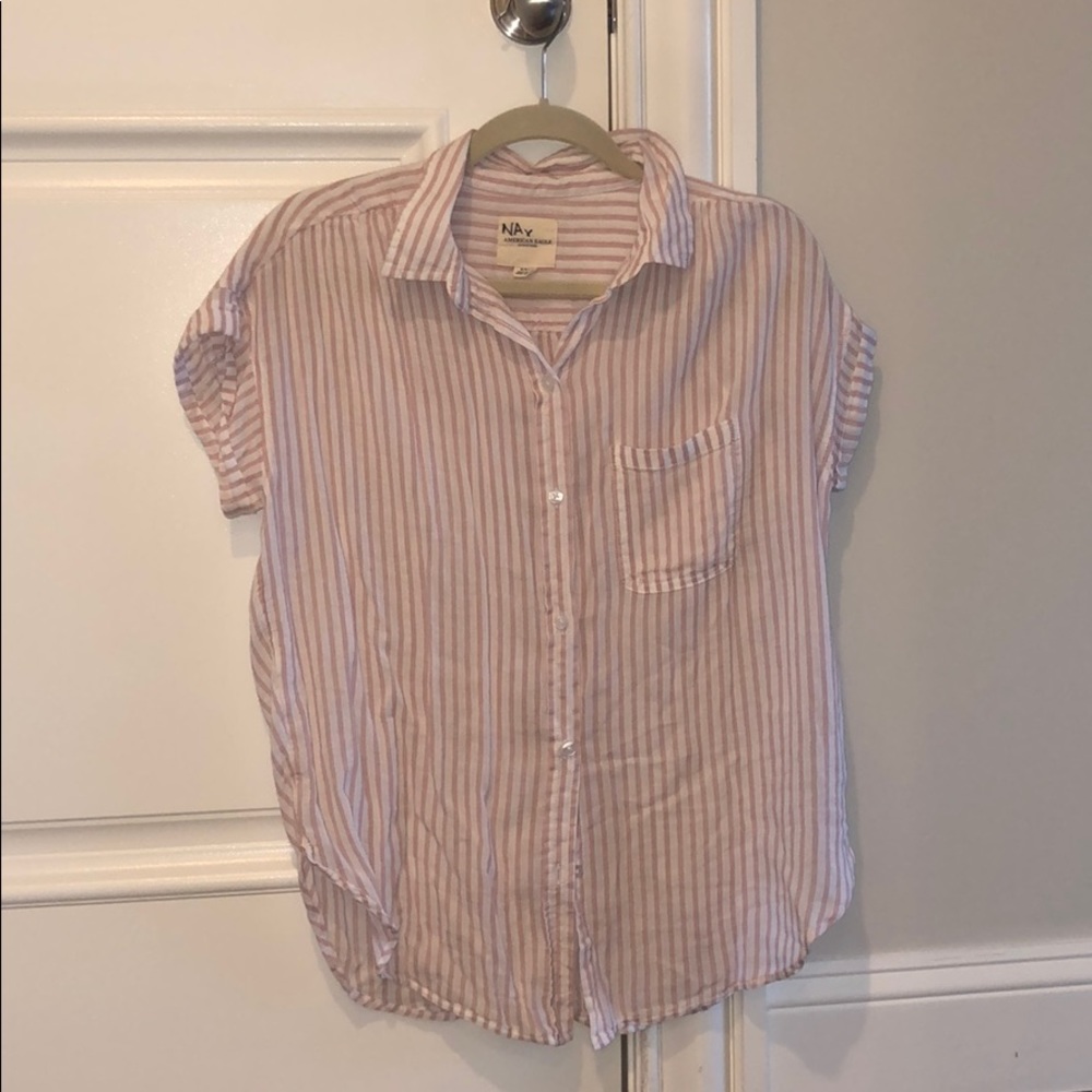 Pink and White Button Up Shortsleeve Blouse